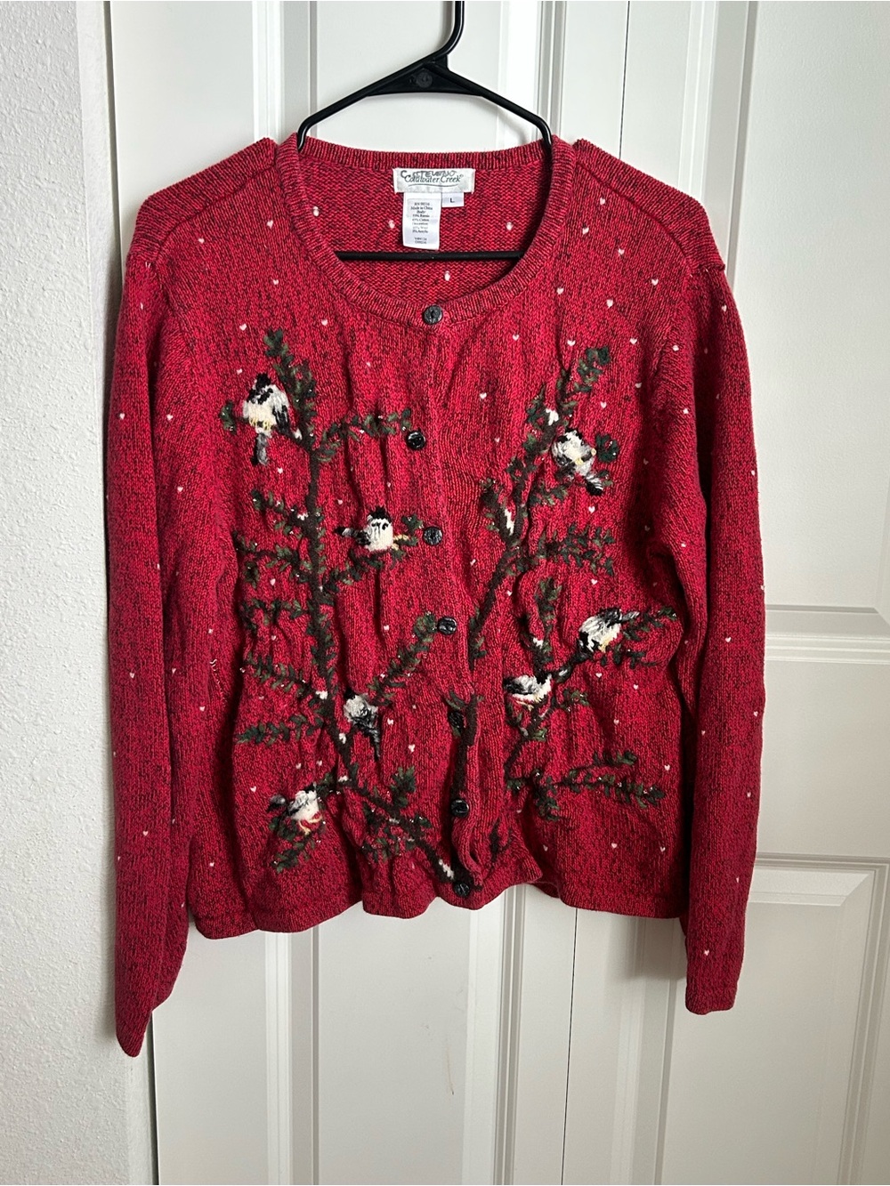 Coldwater Creek Red Knit Cardigan with Bird Embroidery